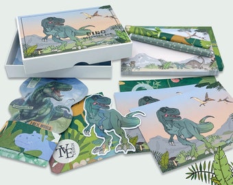 T-Rex Dinosaur Gift Box for Boys - Birthday Christmas Gift Set with Sticker, Postcards, Writing Tools, Bathing Fun
