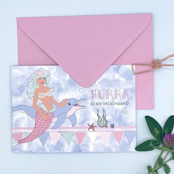 Card for girls starting school | Mermaid folding card | Dolphin sea creatures motif | DIN A6 | School cone | for a gift for starting school
