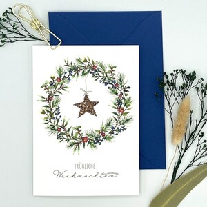 Weihnachtskarte mit Aquarellkranz und Stern - Geschenk für die ganze Familie zu Weihnachten, DIN A6 Karte zum Geschenk, klassische Karte