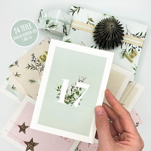 Adventskalender Karten Pastell - aus Recyclingpapier, 24 Adventkalender Postkarten mit Zahlen