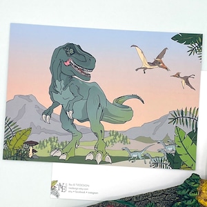Dinosaurier Postkarte mit T-Rex -  Dino Karte für Jungen, Geschenk für Kinder, Kindergeburtstag oder als Gastgeschenk für Dinosaurierparty