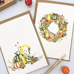 Kürbis Grußkarten - Herbstgrüße Karten, 2 hochwertige Aquarell Karten A6 mit Kürbissen, Geschenkkarten zum Geburtstag Herbst, Herbstmotive