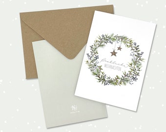 Christmas card with wreath Watercolour Merry Christmas A6 with natural green tones and kiwi pastel incl. envelope