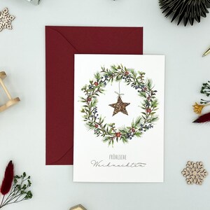 Christmas card watercolor with wreath & star - folding card DIN A6 with envelope