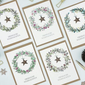 Weihnachtskarten Set Aquarell - Postkarten zum Geschenk für Eltern, Freunde oder Kollegen zu Weihnachten, 5 Weihnachtskranz Karten in DIN A6