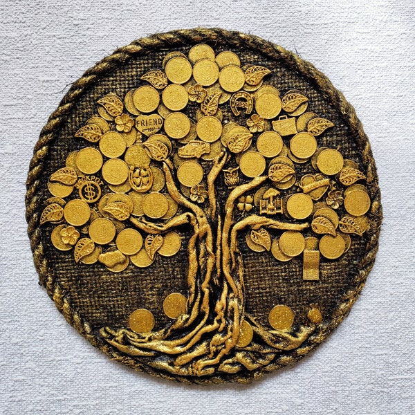 Peinture décorative arbre d'argent rond, image arbre d'argent, cadeau de pendaison de crémaillère, fabriqué à partir de vraies pièces de monnaie, il porte chance