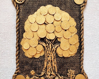 装飾画 黄金の金のなる木 丸型 (21x21 cm) 金のなる木 新築祝いの