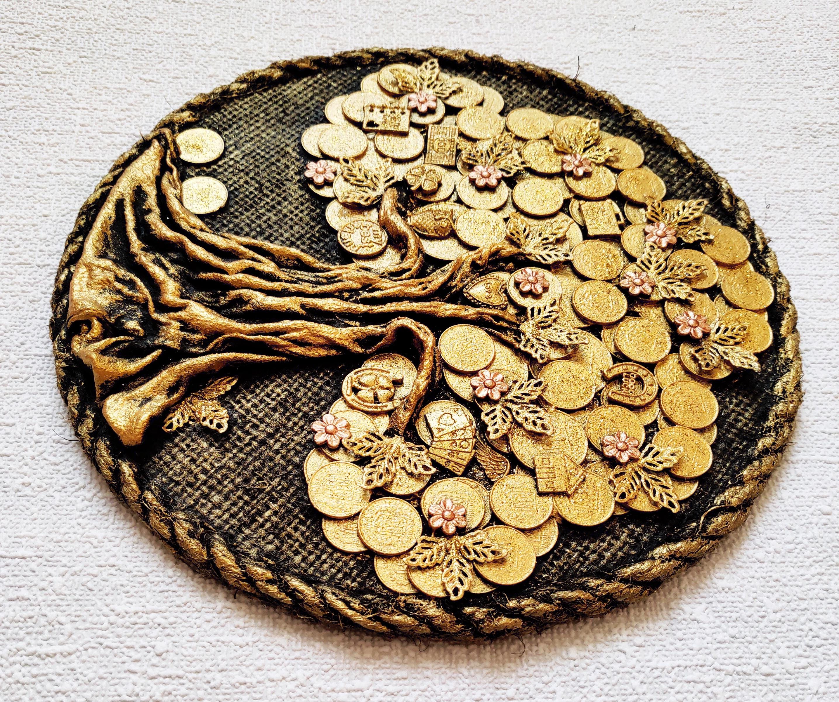 装飾画 黄金の金のなる木 丸型 (21x21 cm) 金のなる木 新築祝いの