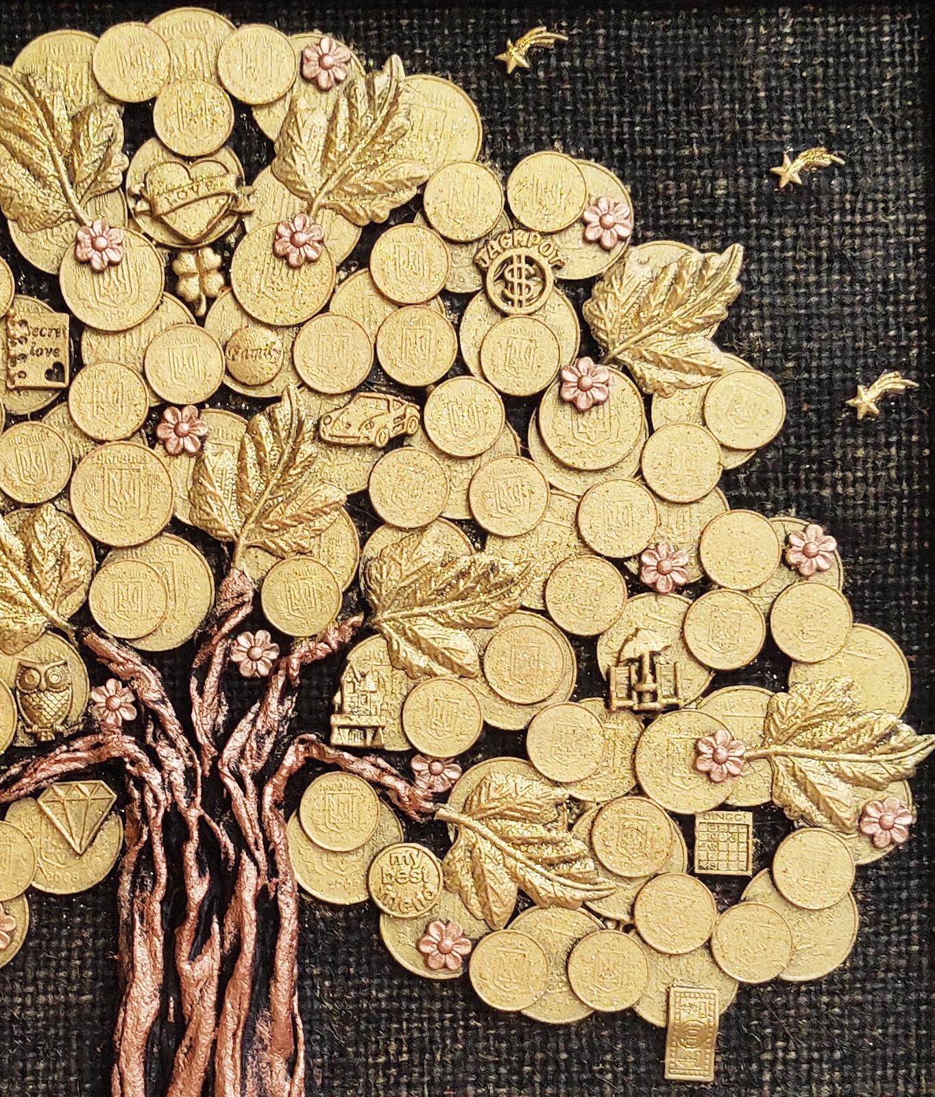 装飾画 黄金の金のなる木 願い (30x30 cm) 額入り、金のなる木 新築