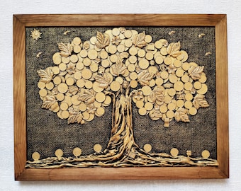 装飾画 黄金の金のなる木 丸型 (21x21 cm) 金のなる木 新築祝いの