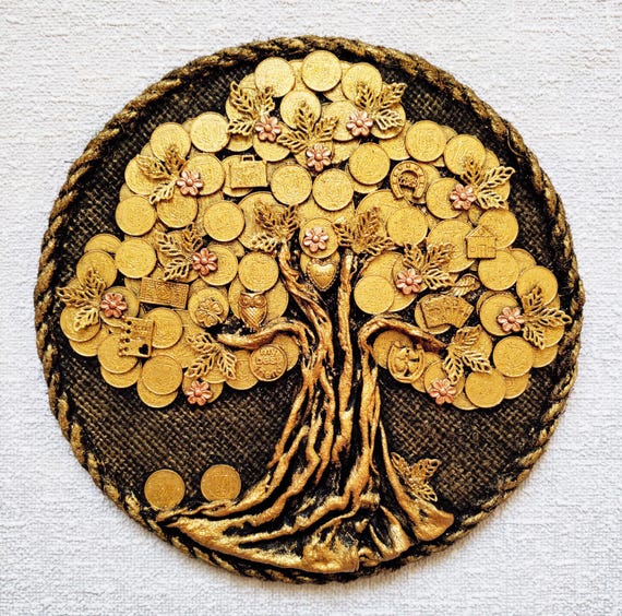 Decorative Painting Golden Money Tree of Wishes Round (21x21 Cm), Picture Money  Tree, Housewarming Gift, Real Coins,it Brings Good Luck - Etsy