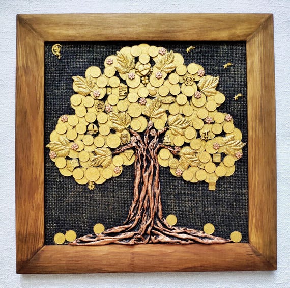 Decorative Painting Golden Money Tree of Wishes (30x30 Cm) in a