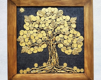 (絵画)金の成る木 装飾画 黄金の金のなる木 丸型 (21x21 cm) 金のなる木 新築祝いの