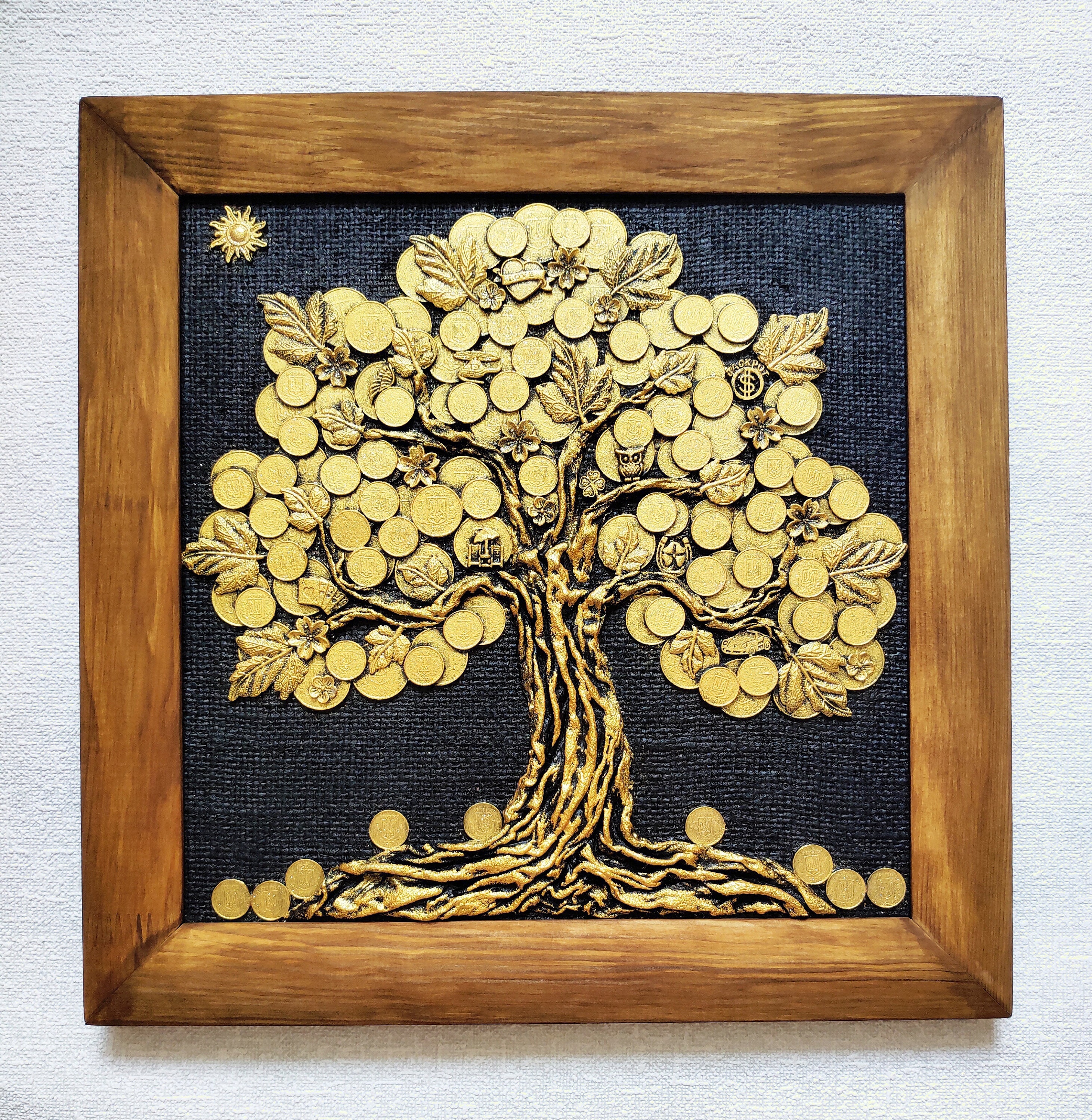 装飾画 黄金の金のなる木 願い事 (30x30 cm) 額入り、金のなる木 新築