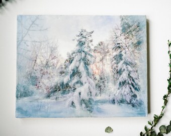 ENCAUSTIC PAINTING on CANVAS, Winter Wood Landscape Wall Art Painting with Wax and Oil Paint, Framed Fine Art Original Painting