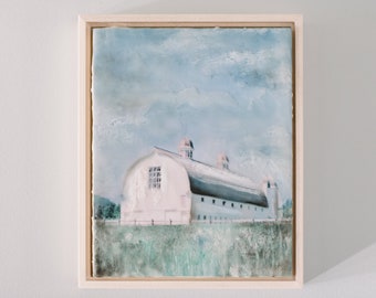 White Barn and Modern Farmhouse Landscape wall Art, Encaustic Canvas