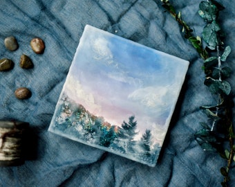 Mini ENCAUSTIC PAINTING on CANVAS, Outdoor Landscape Wall Art Painting with Wax and Oil Paint, Fine Art Original Painting