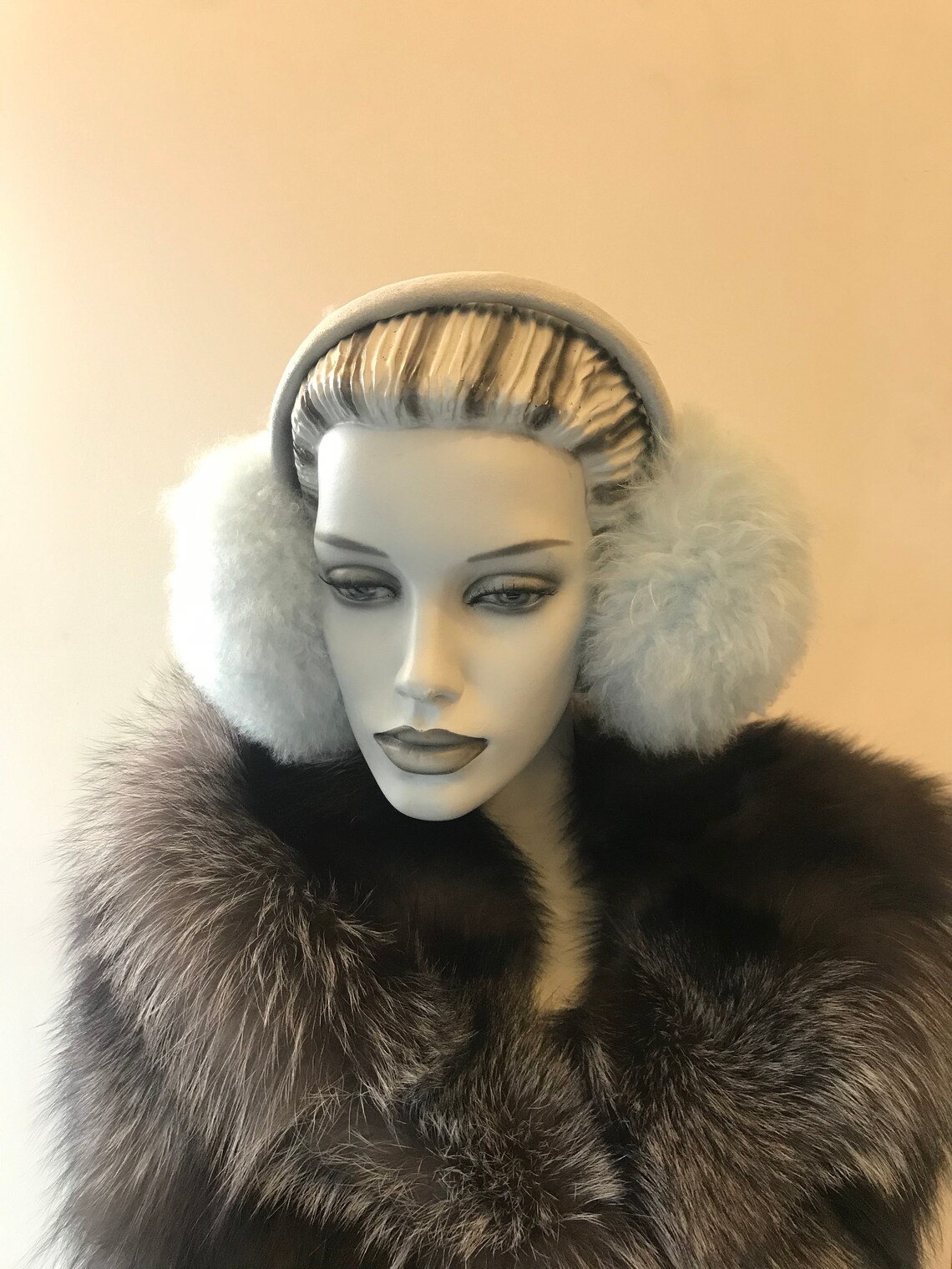 Fluffy light blue fur earmuffs/ Ear warmers with leather band Etsy