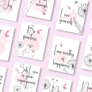 45 Afdrukbare bevestigingskaarten paardenbloem, kaarten voor elke dag, kaarten voor positieve bevestiging, kaarten voor zelfzorg en mindfulness