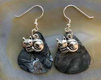 Guitar Pick Earrings with Kitten Charms