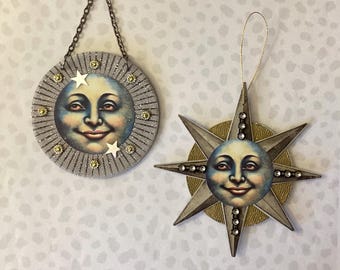 Vintage inspired moon-star ornament / Man on the moon ornament