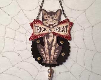 Decorazione di Halloween d'ispirazione vintage/ Decorazione a forma di gatto di Halloween/ Halloween retrò