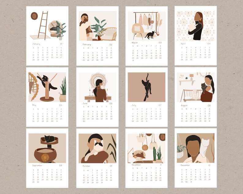 2024 Printable Women and Cat Bohemian Calendar New 2024 Boho Etsy