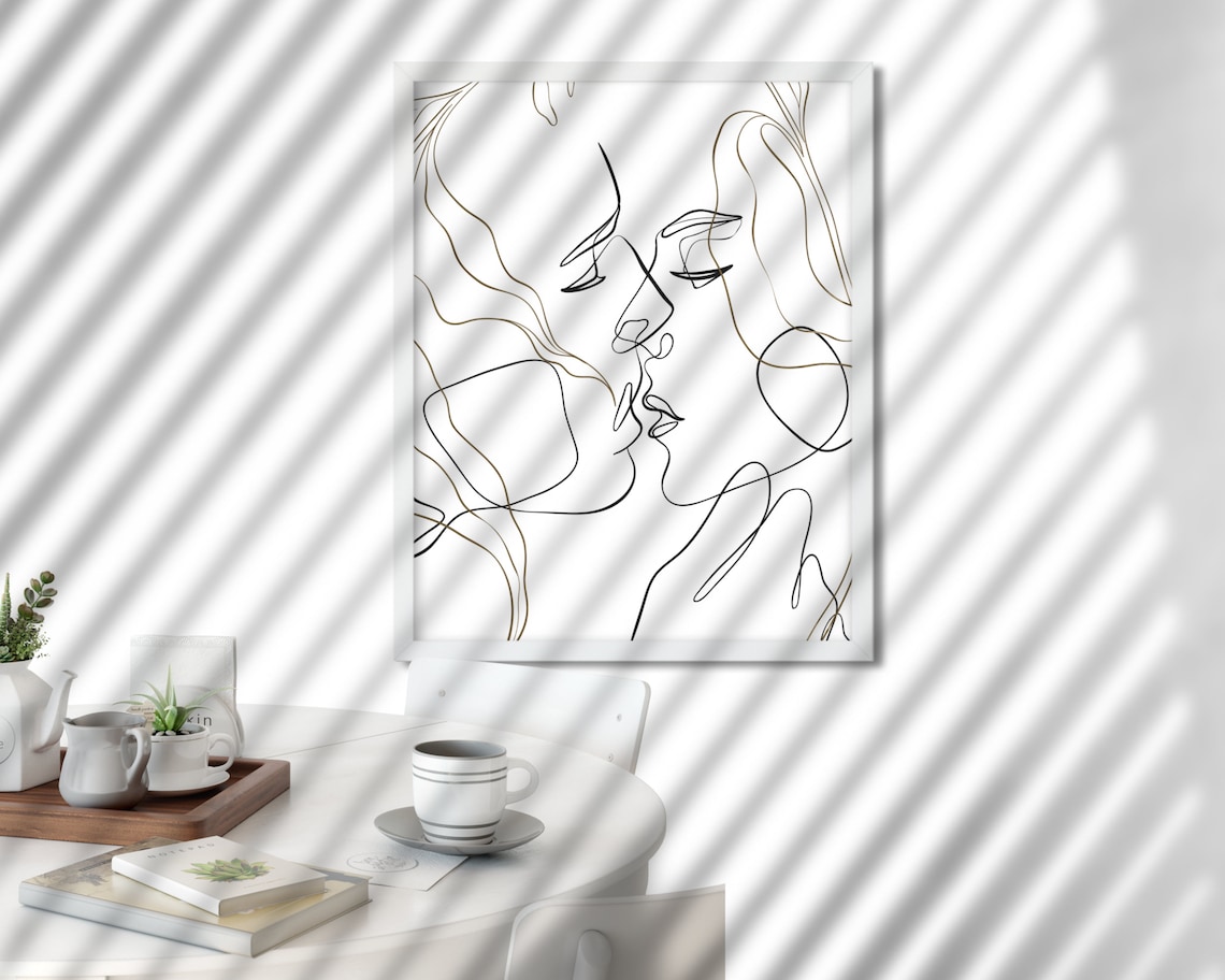 Romantic Love Art Kisses Love Art One Line Couple Art Print Abstract