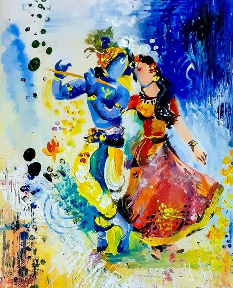 Radha Krishna Merge Into Music Handpainted Painting on Canvas Without Frame image 3