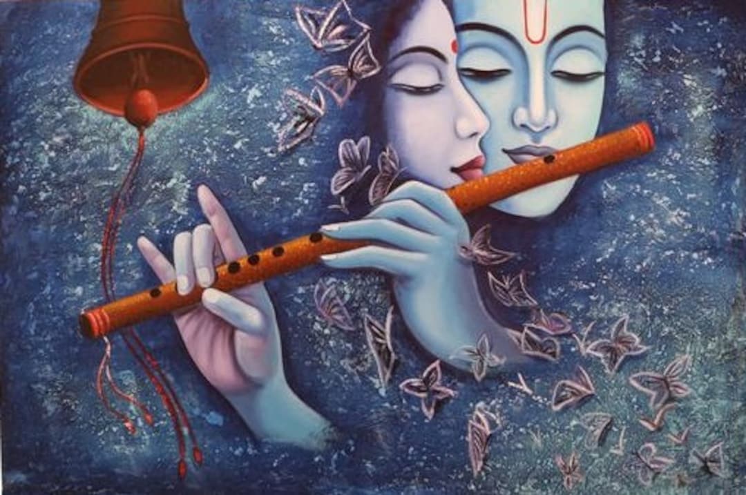 Lord Krishna Playing Flute With Radha A Hand Painted Painting On Canvas Lord Krishna Playing Flute With Radha A Hand Painted Painting On Canvas