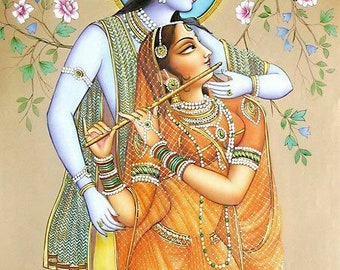 Krishna And Radha Playing Flute Hand Painted Painting On Canvas No Frame