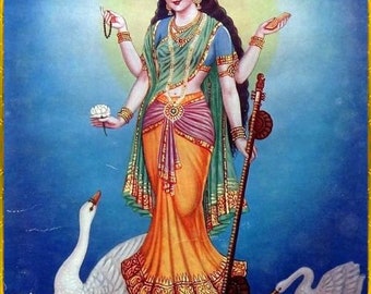 Devi Saraswati Oil Painting Handpainted on Canvas A (Without Frame)