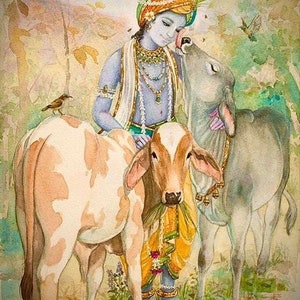 Lord Krishna With Cow Hand Painted Painting On Canvas Without Frame image 2