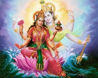 Vishnu ji and Lakshmi ji Oil Painting Handpainted on Canvas (Without Frame)