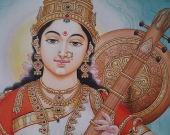 Goddess Saraswati A Hand Painted Painting On Canvas (Without Frame)