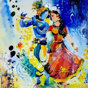 Radha Krishna Merge Into Music Handpainted Painting on Canvas Without Frame image 1