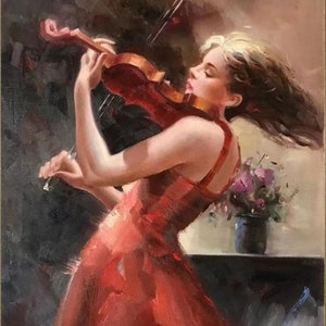 A Girl Playing Violin Hand Painted paintings on Canvas Wall Art Painting Without Frame image 1