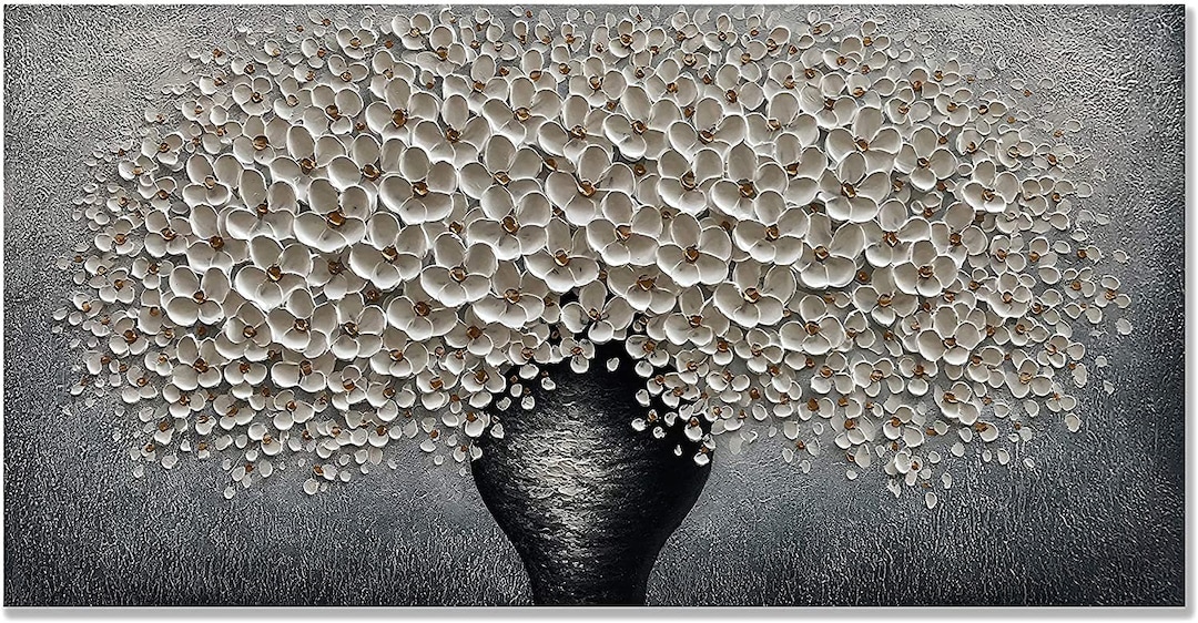 Hand Painted 3D Modern Canvas Painting Vase Black White Flower Blooming