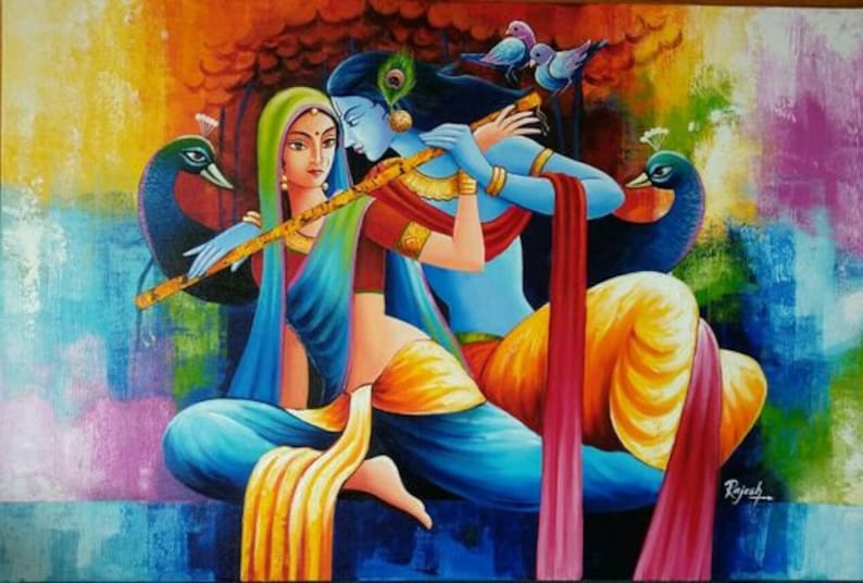 Radha Krishna Love Forever B Oil Painting Handpainted on Canvas Without Frame image 1