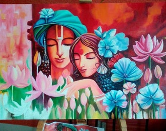 Radha Krishna Modern Oil Painting Handpainted on Canvas (Without Frame)