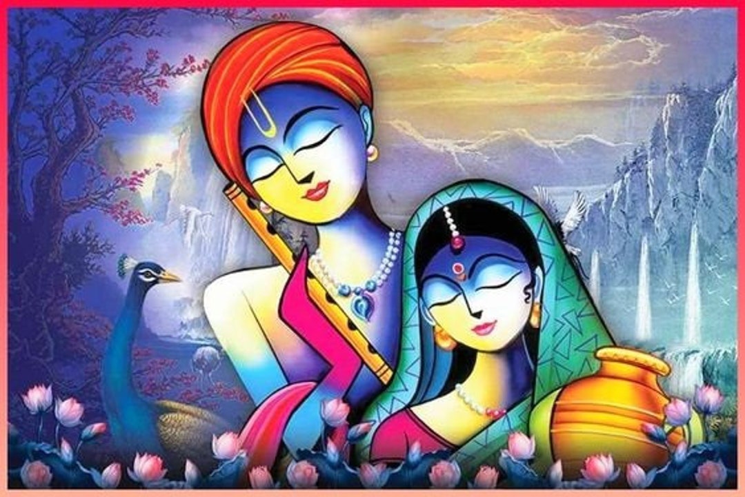 Krishna Xxx Video Cartoon - Radha Krishna AT Hand Painted Painting on Canvas without - Etsy