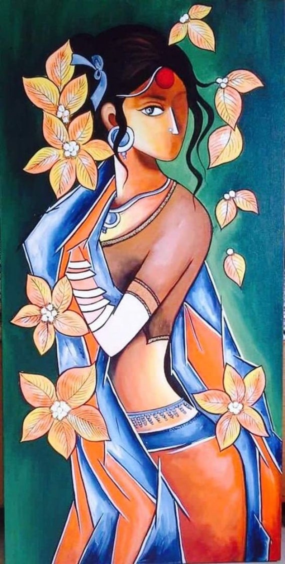 Buy Indian Woman Wall Art Hand Painted Painting on Canvas without Frame  Online in India 