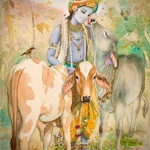 Lord Krishna With Cow Hand Painted Painting On Canvas Without Frame image 1