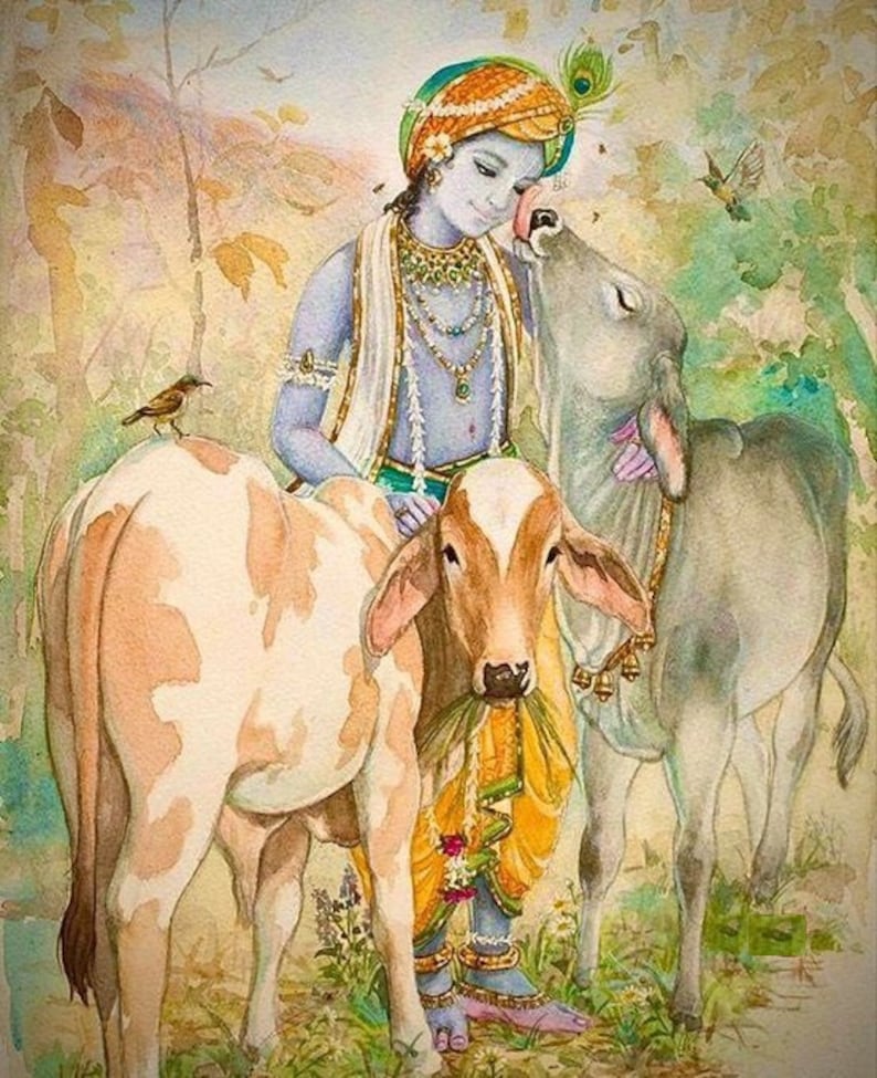 Lord Krishna With Cow Hand Painted Painting On Canvas Without Frame image 1