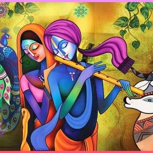 Radha Krishna Hand Painted Painting On Canvas H (Without Frame)