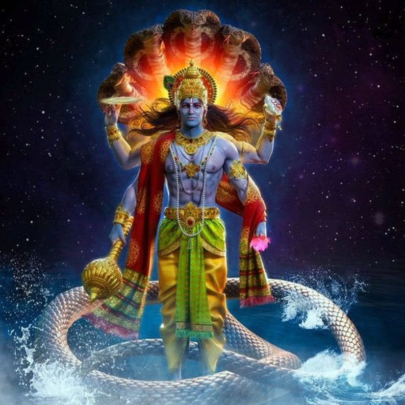 Lord Vishnu On Sheshnag A Hand Painted Painting On Canvas No Frame image 3