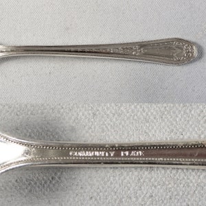 Puede incluir: Primer plano de una cuchara de plata con un mango decorativo y las palabras "Community Plate" grabadas en la parte posterior.