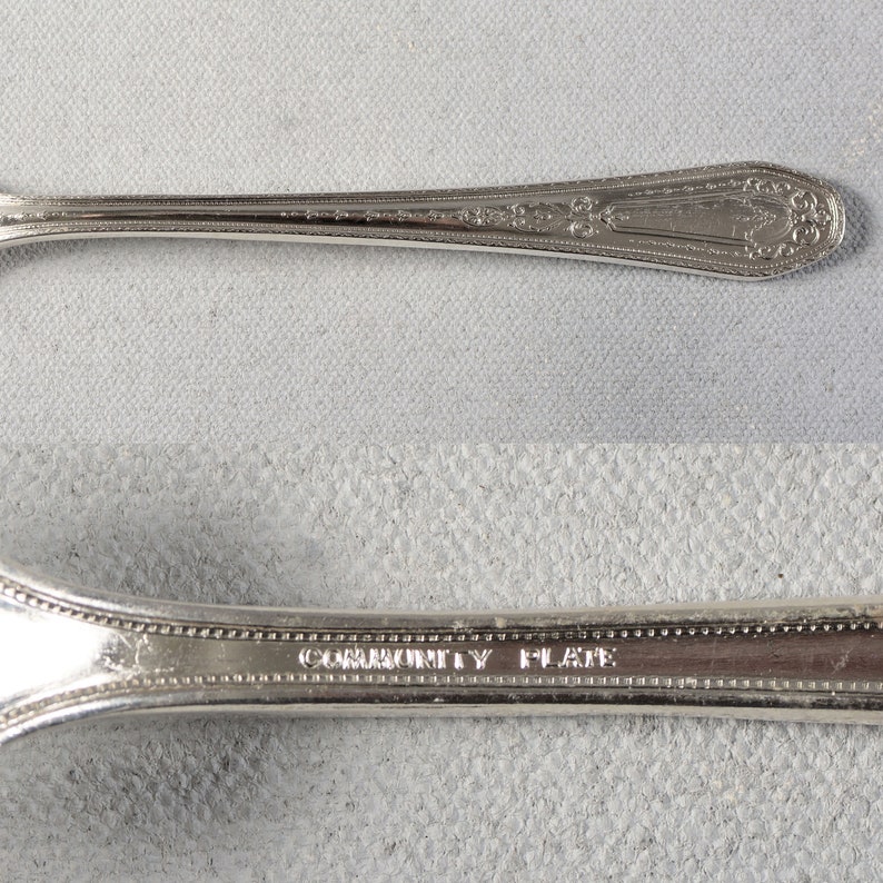 Puede incluir: Primer plano de una cuchara de plata con un mango decorativo y las palabras "Community Plate" grabadas en la parte posterior.