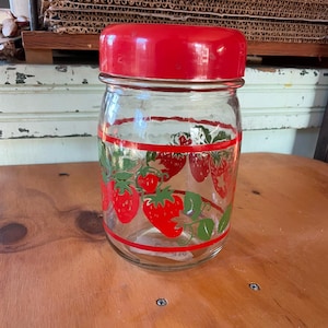 Vintage Strawberry Glass Jar with Red Lid – Retro Kitchen Storage & Decor