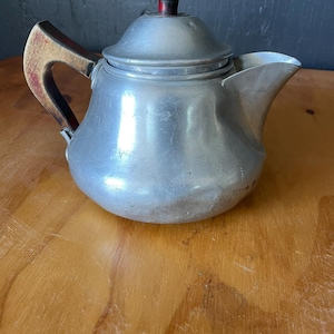 Vintage Aluminum Teapot with Wood Handle & Red Knob — Mid-Century Industrial Charm